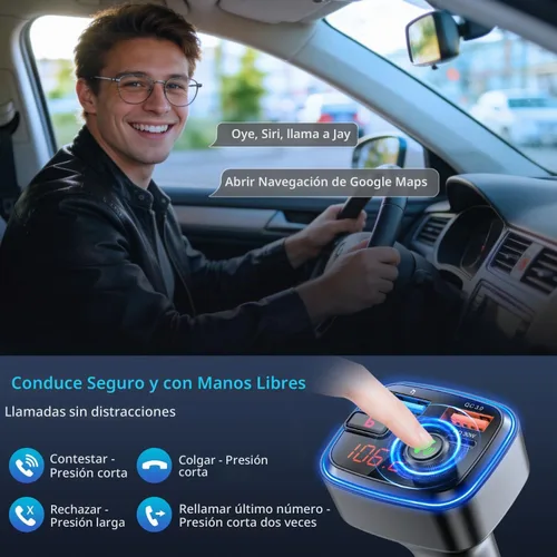 Vista 5 de Adaptador Bluetooth 5.4 de carga USB Bluetooth para automóvil, radio transmisor FM inalámbrico, llamadas manos libres y receptor de audio (azul-48W)