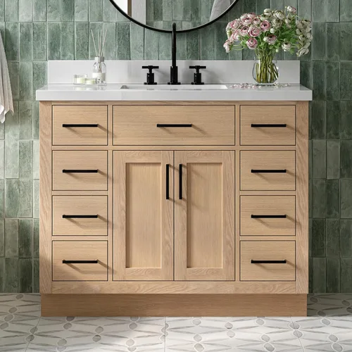 Vista 17 de DKB Isabella - Mueble de baño negro de 42 pulgadas con fregadero, lavabo rectangular, encimera de cuarzo blanco puro y protector contra salpicaduras