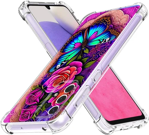 Vista 3 de Funda para Galaxy A23 5G, diseño de flores de mariposa azul, protección contra caídas, a prueba de golpes, carcasa protectora de cuerpo completo