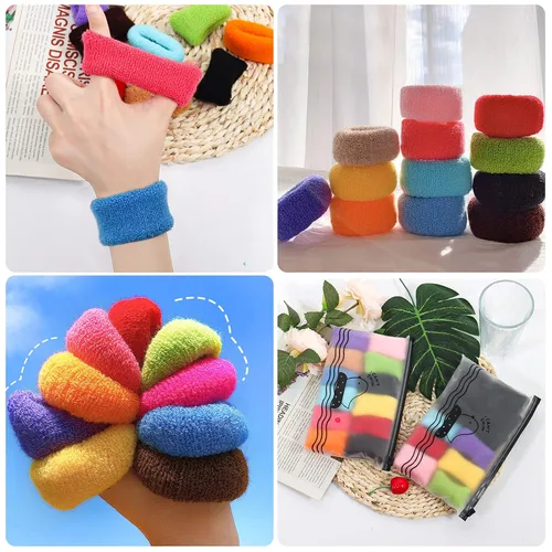Vista 4 de Juego de 24 bandas elásticas de toalla extra suaves para el cabello, de algodón de rizo de algodón elástico, esponjoso, grueso, banda de goma sin