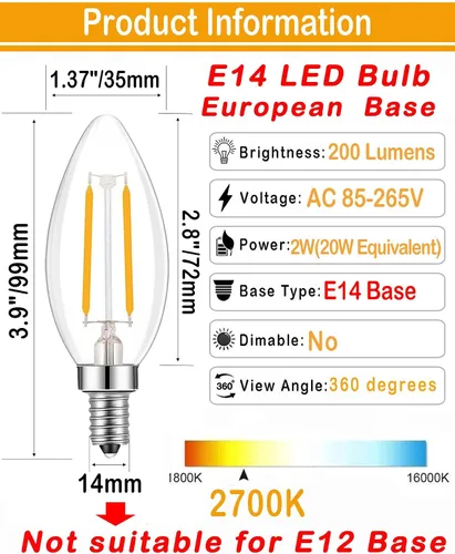 Vista 3 de Filamento LED con base de tornillo europea E14 con forma de bala C35, 2 W, blanco cálido 2700 K, equivalente a 20 vatios incandescente, no regulable