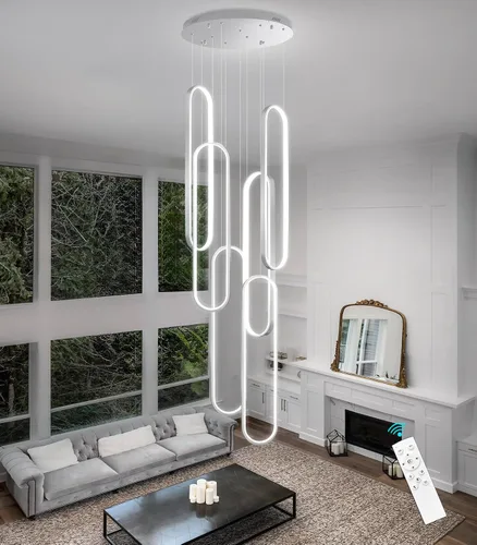 Vista 19 de Lámpara de Araña de Anillo Moderna LED Regulable Luz de Techo para Isla de Cocina Sala de Estar Escaleras Comedor Negro