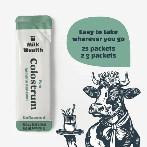Vista 2 de Milk Wealth™ Polvo de calostro bovino 1.76 oz IgG natural y liofilizado Apoyo para la salud inmune e intestinal Alimentado con pasto y sin