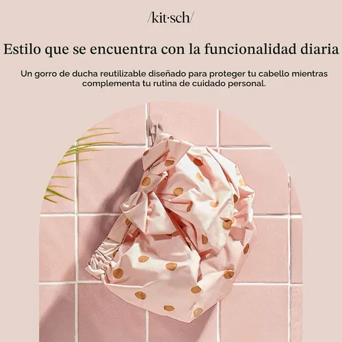Vista 8 de Gorra de ducha Kitsch Luxe, reutilizable e impermeable, resistente al moho, forrada y acondicionada Blush Dot