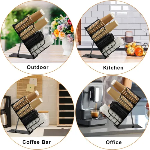 Vista 6 de Soporte de metal para tazas y tapas, dispensador de taza de café con 4 compartimentos, soporte para taza de café negro para encimera, organizador