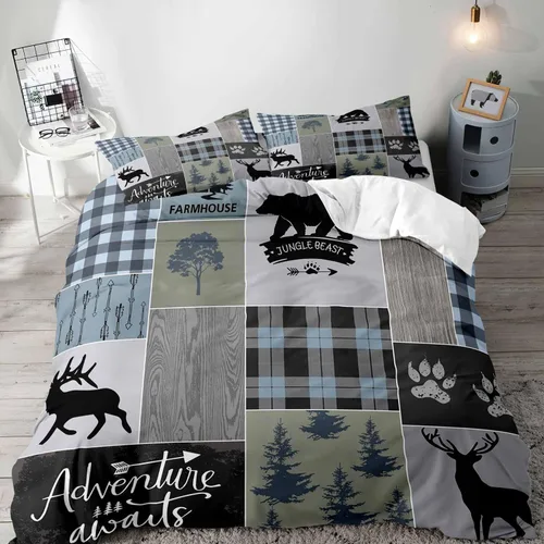 Vista 9 de LUVIVIHOME Juego de funda de edredón de 2 piezas, diseño de oso y alce, ciervo, ciervo, ropa de cama de cabaña, ropa de cama rústica de granja