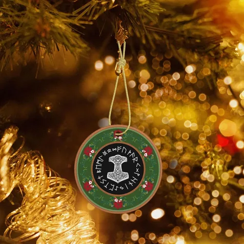 Vista 5 de Vikings Mjolnir y rueda de runa símbolo de mitología nórdica adornos de Navidad, adornos de cerámica, adorno redondo de porcelana, árbol de Navidad