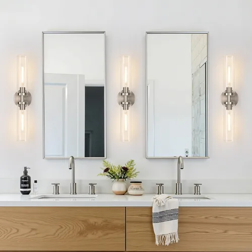 Vista 7 de Indoi Apliques de pared de níquel cepillado, apliques de baño cableados con vidrio transparente, modernos accesorios de tocador de baño para espejo