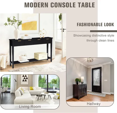 Vista 7 de Mesa consola con cajón, mesa de entrada larga estrecha con estante inferior para pasillo, entrada y sala de estar, color negro
