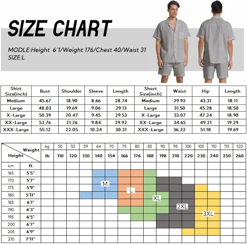 Vista 6 de RPOVIG Conjunto corto de camisa de lino conjunto casual de 2 piezas con botones para hombre, Gris