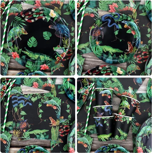 Vista 4 de KEFAN Decoraciones de fiesta de reptiles, lagartos de vida silvestre, serpientes, cocodrilos, suministros de vajilla para fiesta, incluyendo Fondo