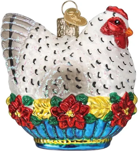 Vista 2 de Old World Christmas Adorno de cristal soplado de gallina francesa para árbol de Navidad, decoración navideña artesanal, colección de doce días