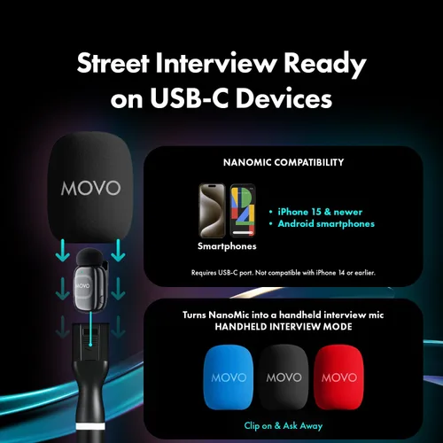 Vista 3 de Movo Kit de micrófono inalámbrico USB-C NanoMic con mango de entrevista, micrófono de entrevista de calle dual para iPhone 15/16/17+, Android y iPad