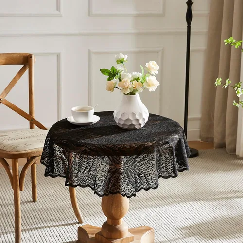 Vista 2 de Warm Home Designs Mantel de encaje negro. Mantel redondo pequeño de 36 pulgadas de diámetro. Mantel floral, superposición rústica o mantel bohemio