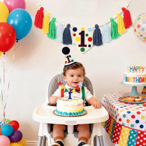 Vista 2 de Cartel para decoración de primer cumpleaños con texto en inglés Verde Azul Amarillo