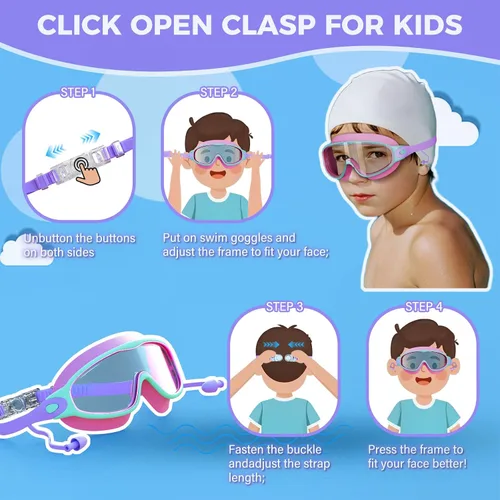 Vista 5 de Paquete de 3 gafas de natación para niños, con tapones para los oídos, marco grande, antivaho, UV, visión amplia, para niños y niñas de 4 a 12 años