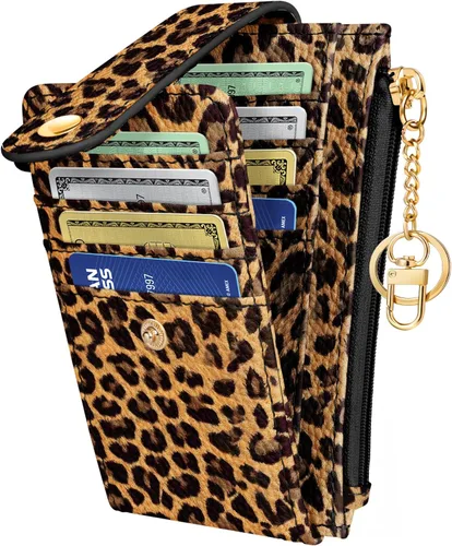 Vista 8 de Cartera delgada pequeña para tarjetas para mujeres – Linda cartera con llavero con bloqueo RFID que sostiene 7 tarjetas, diseño de moda de cuero