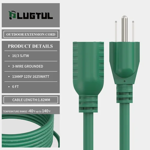 Vista 2 de PLUGTUL Cable de extensión para exteriores de 6 pies, impermeable, calibre 16/3, color verde, resistente, 3 puntas, 13 A, 1625 W, SJTW