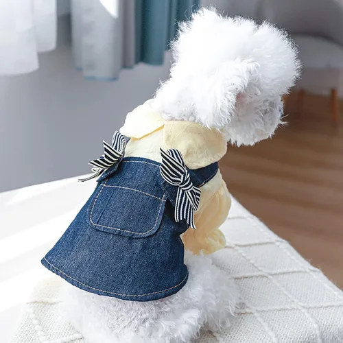 Vista 9 de Ropa de perro para perros pequeños y niña, lindos vestidos de mezclilla para mascotas, vestido de princesa con lazo para cachorro, ropa de princesa