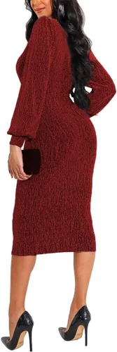 Vista 2 de Vestido sexy para mujer, brillante, básico, de manga larga, entallado, con lentejuelas, club, noche, fiesta, vestido midi
