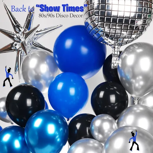 Vista 6 de Kit de guirnalda de globos azul real y plateado, con globos de aluminio de bola de discoteca 4D de estrella para hombres, cumpleaños de 30 años, día