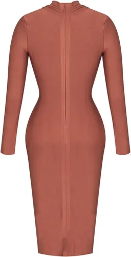 Vista 5 de UONBOX Vestido de vendaje ajustado con cuello en V y mangas largas drapeadas hasta la rodilla para mujer