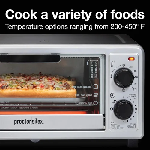 Vista 7 de Proctor Silex Horno tostador de encimera de 4 rebanadas, multifunción con hornear, tostadas y asadores, 1100 vatios, temporizador de 30 minutos
