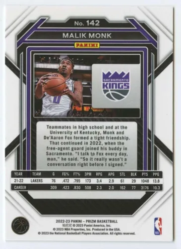Vista 2 de 2022-23 Panini Prizm #142 Malik Monk Sacramento Kings NBA Basketball Trading Card