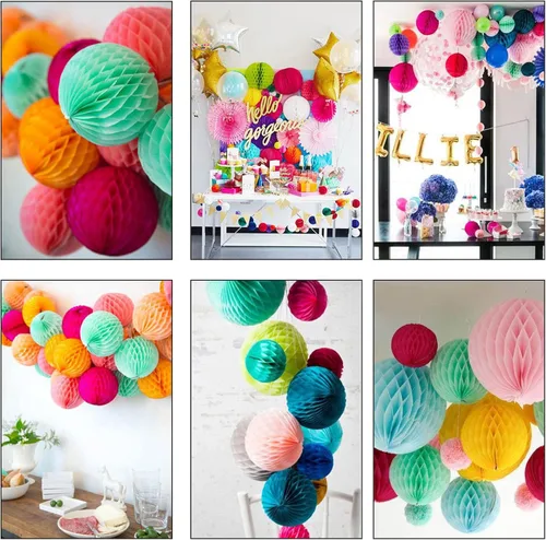 Vista 5 de ZOOYOO 12 piezas 15 cm 25 cm bolas de panal decorativas de papel de seda con pompones colgantes para cumpleaños, baby shower, boda, compromiso, Azul