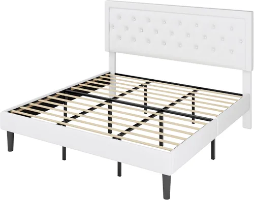 Vista 8 de Allewie - Base de cama tamaño King con tapizado de terciopelo, cabecera ajustable, diseño de botones de diamante, soporte de láminas de madera, tira