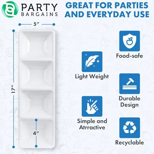 Vista 3 de Party Bargains Bandeja rectangular seccional desechable blanca (paquete de 4) de 5 x 16 pulgadas. Bandeja de plástico con 4 compartimentos