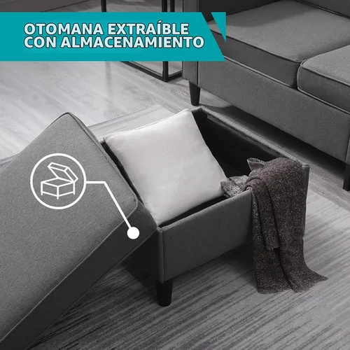 Vista 4 de BALUS Sofás seccionales de 78 pulgadas de ancho para sala de estar, sofá de tela de lino con otomana de almacenamiento, sofá de 3 plazas con Gris