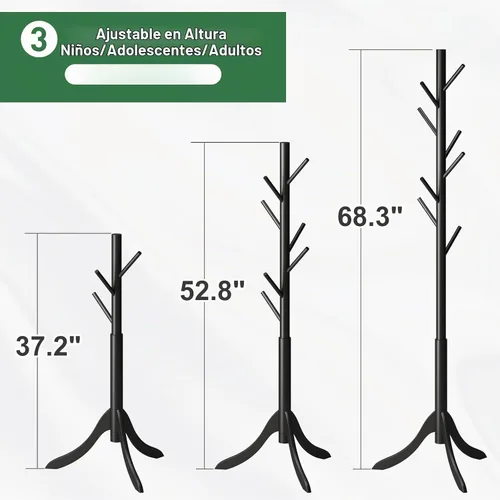 Vista 4 de kiplant Perchero negro de madera de bambú independiente con 8 ganchos, organizador de pasillo y sombrero de entrada para dormitorio, oficina, ropa