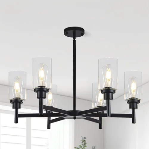 Vista 8 de lámpara de araña de granja de 6 luces con rueda de vagón, accesorios de luz colgante para comedor, sala de estar, isla de cocina, vestíbulo