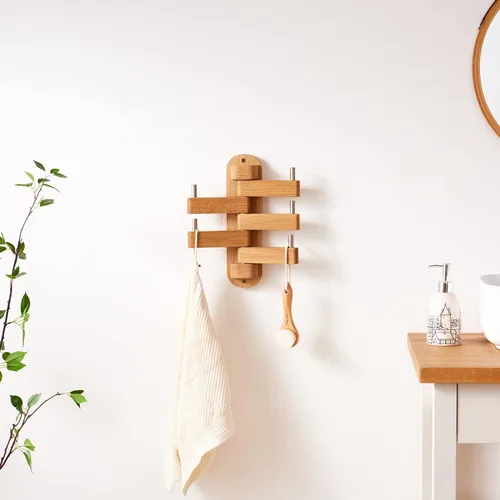 Vista 6 de Perchero giratorio de roble con ganchos para abrigos, ganchos de pared de madera con 5 brazos plegables giratorios, perchero de pared de 30 cm