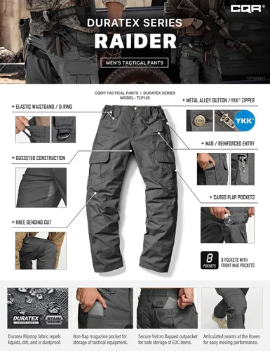 Vista 8 de CQR Pantalones tácticos para hombre, resistentes al agua, pantalones cargo Ripstop, ligeros EDC trabajo, senderismo, ropa para exteriores