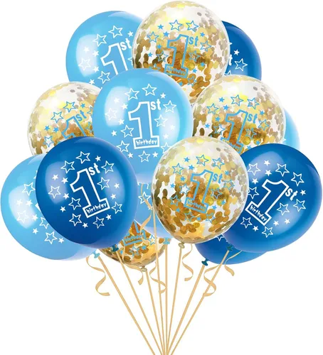 Vista 6 de SHUNTAI - Globos de 1er cumpleaños, color azul, 15 piezas de 12 pulgadas Decoraciones de fiesta de primer cumpleaños, confeti dorado, látex, temas