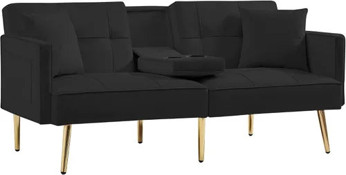 Vista 6 de Moderno sofá cama biplaza de terciopelo con 2 bolsillos, sofá cama convertible tapizado con respaldo múltiple ajustable, futón con patas doradas
