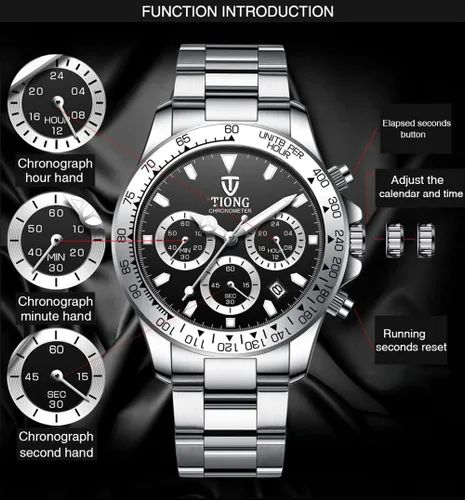 Vista 3 de Dentily Reloj de cuarzo para hombre, cronógrafo, de acero inoxidable, impermeable, para negocios, para hombre