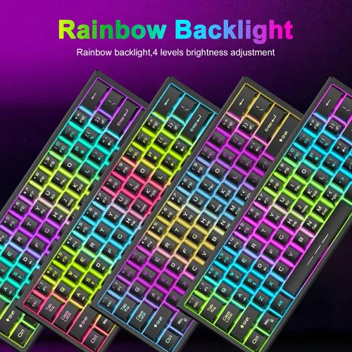 Vista 2 de Combo de teclado y mouse inalámbricos para juegos, teclado retroiluminado arcoíris de 61 teclas con recargable de 4000 mAh, sensación mecánica