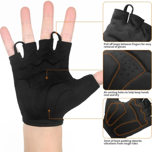 Vista 3 de Guantes de ciclismo para hombres y mujeres, guantes acolchados para bicicleta de montaña, guantes ligeros de medio dedo, antideslizantes, absorben