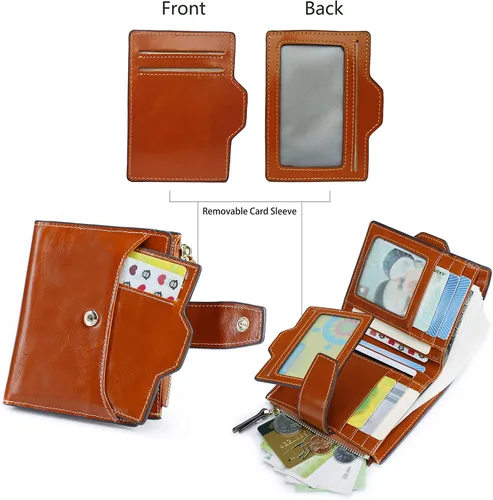 Vista 3 de AINIMOER - Cartera de piel con bloqueo RFID para mujer, tamaño pequeño, compacta, doble zíper, con ventana para identificación