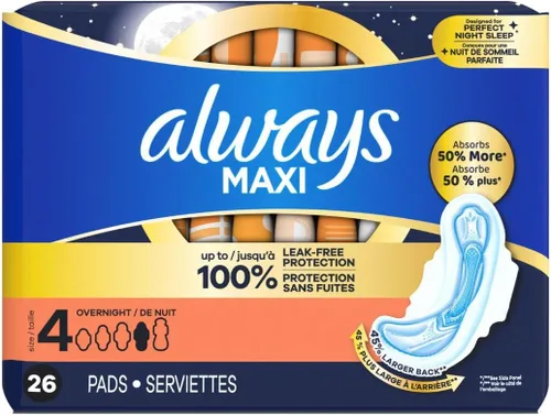 Vista 9 de Always Maxi - Almohadillas femeninas para mujer, talla 4, absorción nocturna, con alas, sin perfume, 26