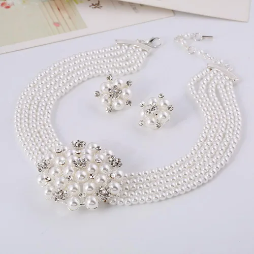 Vista 4 de Chamvino Gargantilla de perlas de imitación multicapa de moda y exagerada, juego de joyas de aretes, collar de novia, accesorios de vestir