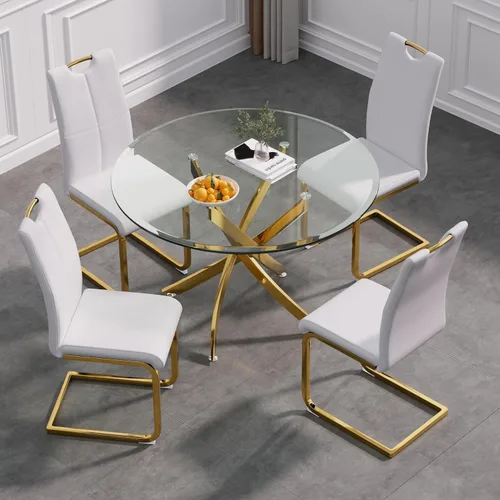 Vista 19 de Juego de mesa de comedor de cristal de lujo de 36 pulgadas para 2, mesa de comedor redonda moderna de 3 piezas con 2 sillas de comedor de cuero