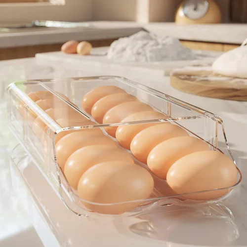 Vista 8 de theaoo Soporte para huevos para refrigerador, contenedor de huevos enrollable automático para refrigerador, dispensador de huevos de plástico