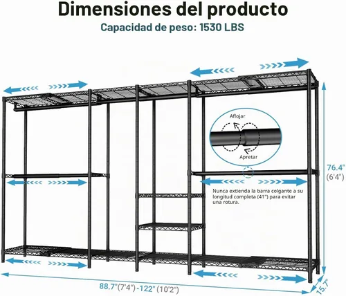 Vista 6 de VIPEK X4 - Perchero extensible de alta resistencia, ajustable de 7 pies 4 pulgadas a 10 pies 2 pulgadas, con estantes ajustables y barras