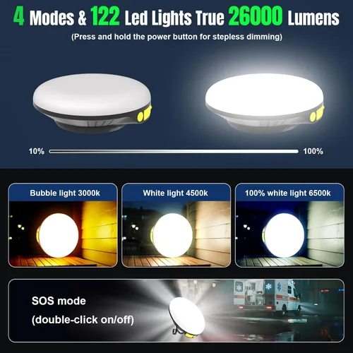 Vista 2 de Linterna LED solar portátil de 16000 mAh, 26000 lm, luz recargable de 150 W con imán, linterna, luces impermeables IPX66 para tienda de campaña