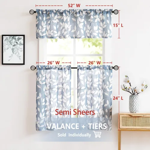 Vista 4 de Cortinas azules de 27 x 24 pulgadas de largo con estampado de hojas cortas, semitransparentes, paquete de 2
