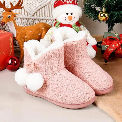 Vista 2 de DL Pantuflas de mujer cálidas para el hogar, esponjosas y lindas para el invierno, cómodas botas de espuma viscoelástica de punto trenzado, botas
